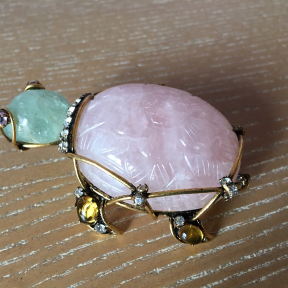 IRADJ MOINI Vintage Costume Jewelry Large Turtle Gemstone Brooch Pin Pink Quartz - Picture 10 of 11